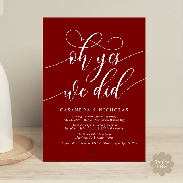 Invitation Oui, On L'A Fait, Réception De Mariage De Script M (Oh Yes, We Did, Modern Romantic Modern Wedding Reception Invitation Card PDF Burgundy Wine Red)