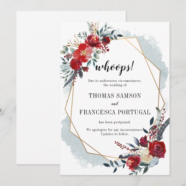 Invitation Oups ! Postponte fleurie Boho géométrique or (Devant / Derrière)