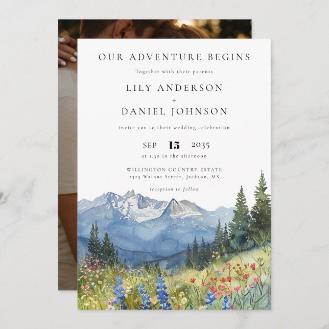 Invitation Our Adventure Mountain Wildflowers Photo Wedding (Devant / Derrière)