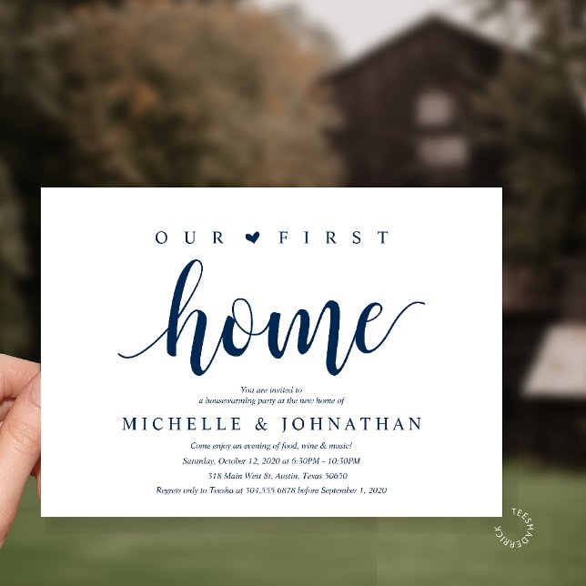 Invitation Our First Home Housewarming party (Our First Home Housewarming party Invitation Card in Navy Blue)