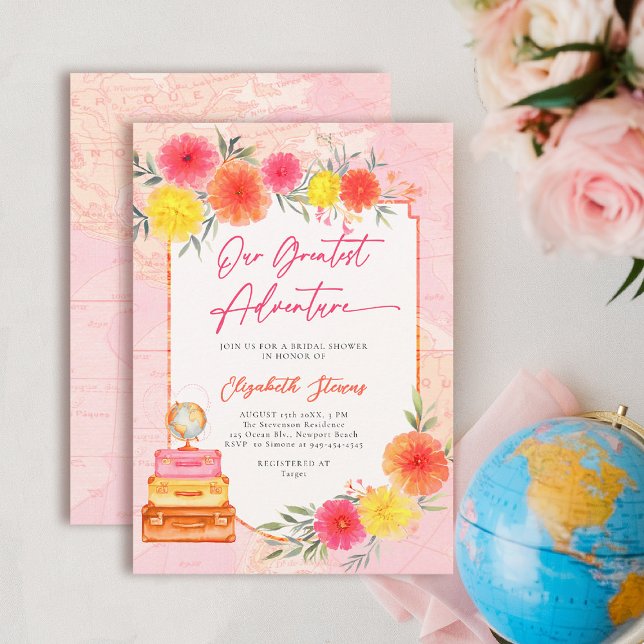 Invitation Our Greatest Adventure Floral Travel Zinnia Bridal (travel bridal shower invitation floral watercolor world map suitcase tropical hot pink orange yellow)