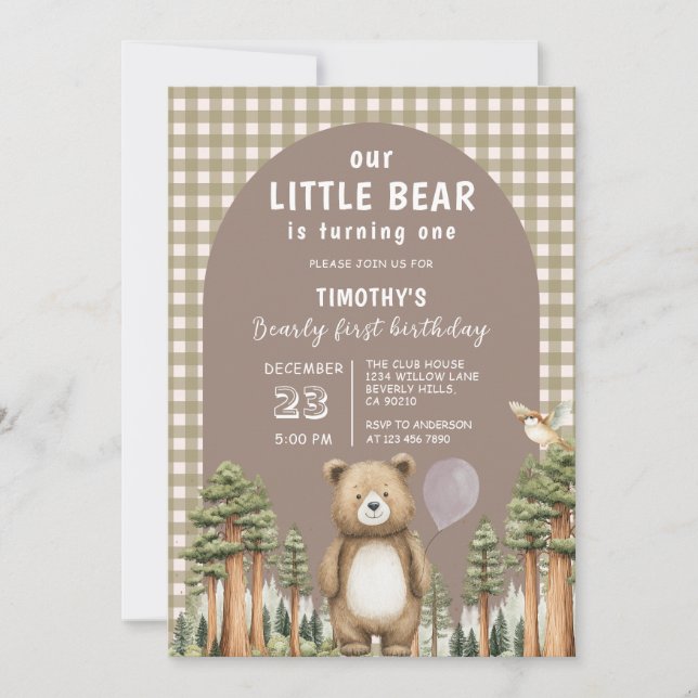 Invitation Our Little Bear is Turning One Forest Gingham (Devant)