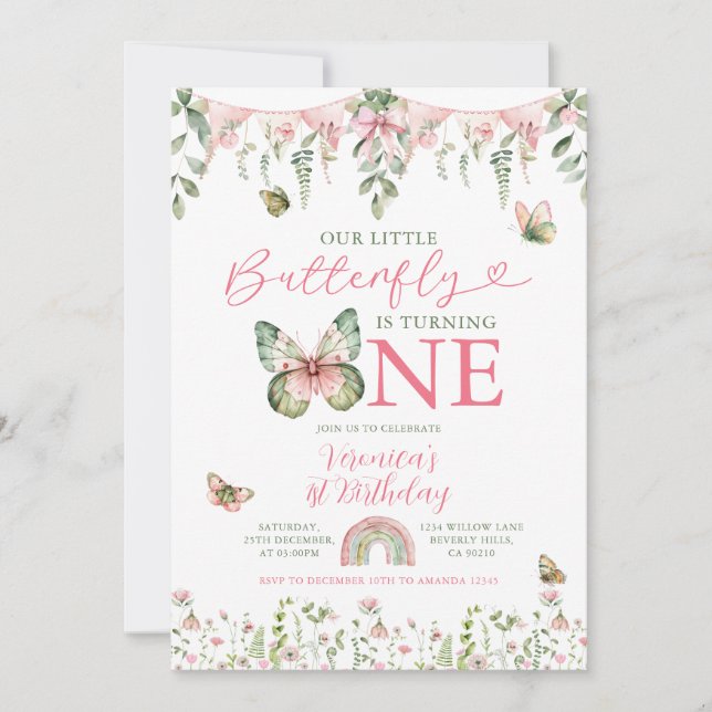 Invitation Our Little Butterfly is turning 1 Birthday Floral (Devant)