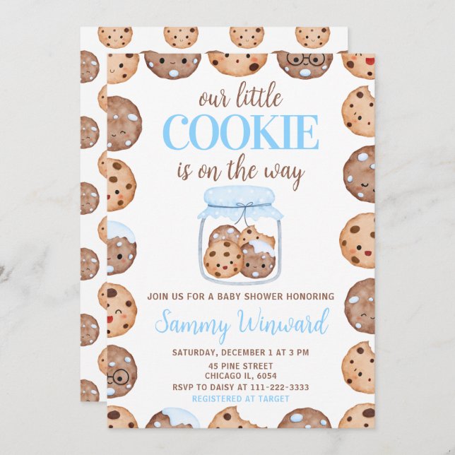 Invitation Our Little Cookie Blue Baby Shower (Devant / Derrière)