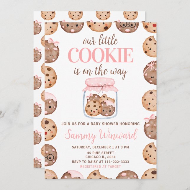 Invitation Our Little Cookie Pink Baby Shower (Devant / Derrière)