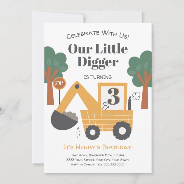 Invitation Our Little Digger Is Turning Three Birthday Party (Devant)