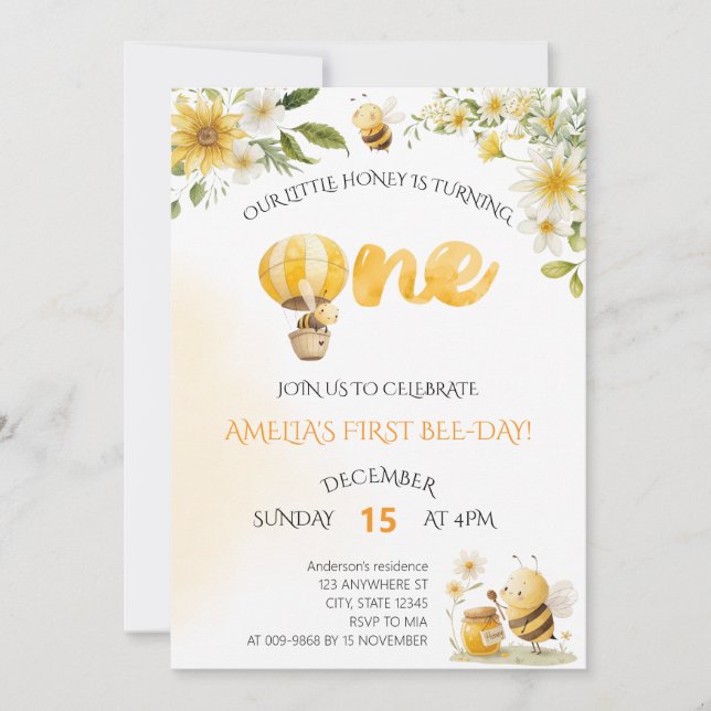 Invitation Our Little Honey Bee 1st Bee-Day Floral Birthday (Devant)