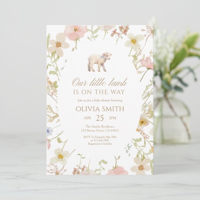 Invitation Our Little Lamb Wildflower Baby Shower (Debout devant)
