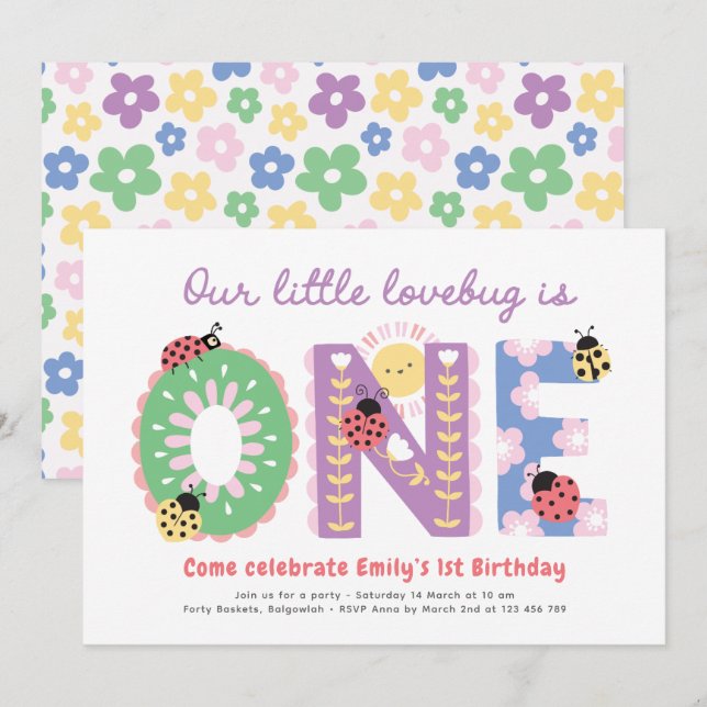 Invitation Our Little Lovebug, Flowers First Birthday Party (Devant / Derrière)