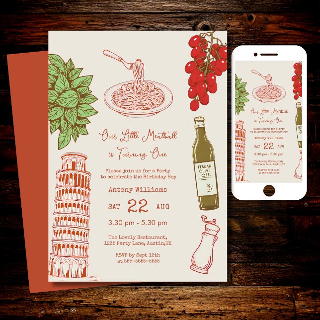 Invitation Our little meatball is turning one 1st Birthday  (Créateur téléchargé)