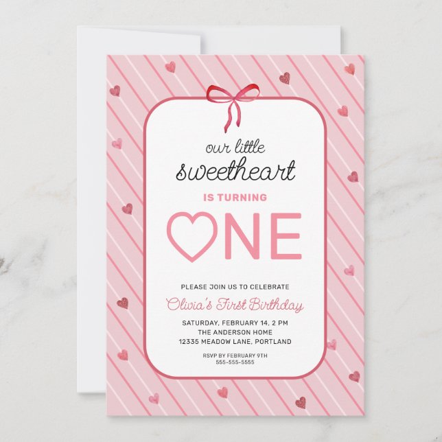 Invitation Our Little Sweetheart Is One Hearts Bows Birthday (Devant)