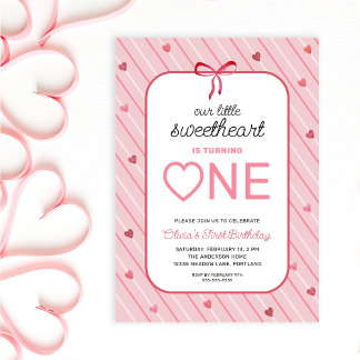 Invitation Our Little Sweetheart Is One Hearts Bows Birthday