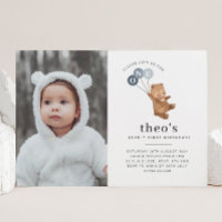 Ours 3 Ballons Bleus Photo 1er Anniversaire Invita