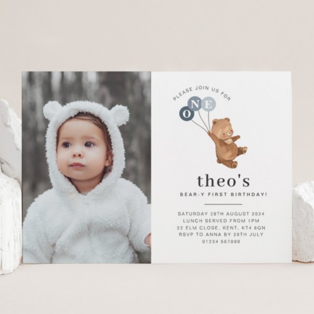 Invitation Ours 3 Ballons Bleus Photo 1er Anniversaire Invita (Créateur téléchargé)