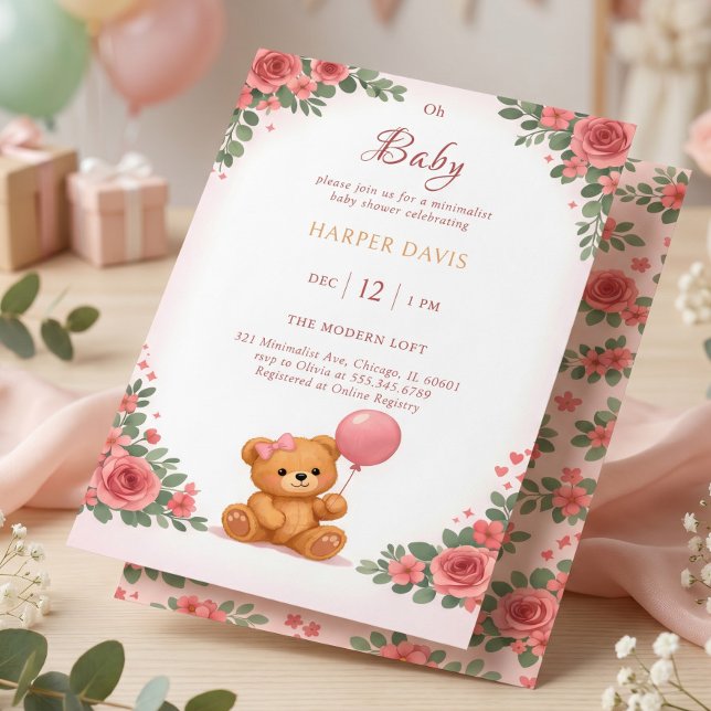 Invitation Ours à l'aquarelle fleurie rose avec ballon (Pink Floral Watercolor Bear with Balloon Invitation)