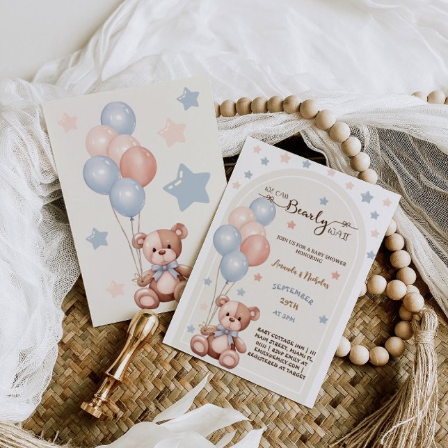 Invitation Ours aquarelle avec ballons Shower bébé rustique (Créateur téléchargé)