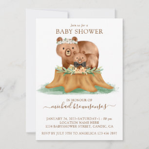Invitation Ours aquarelle maman Baby Shower garçon