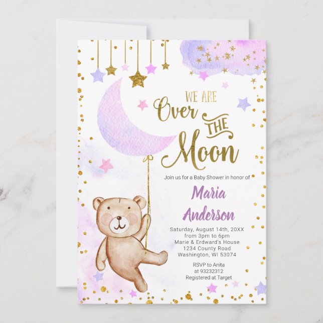 Invitation Ours Au-Dessus De La Lune Baby shower Lilac Invita (Devant)