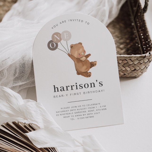 Invitation Ours avec 3 ballons Brown 1er arc Anniversaire (Zazzle Bear with 3 Brown Balloons 1st Arch Birthday Invitation)
