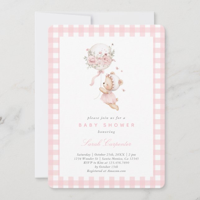 Invitation Ours avec Baby shower de ballon fille (Devant)