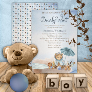 Invitation Ours   Baby shower Bearly Wait Boy Parapluie bleu