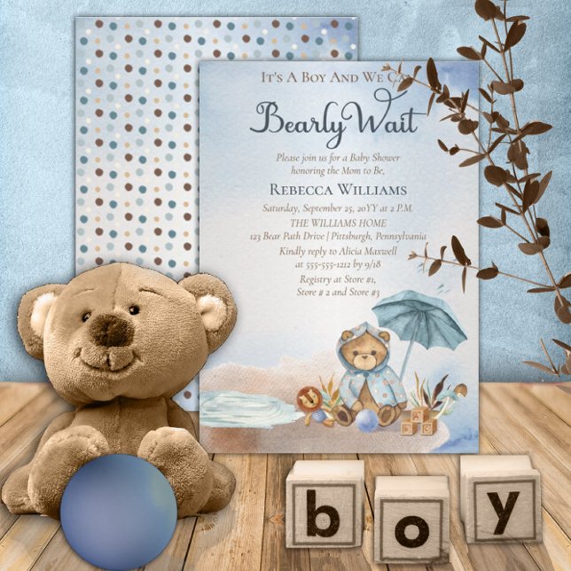 Invitation Ours | Baby shower Bearly Wait Boy Parapluie bleu (Créateur téléchargé)