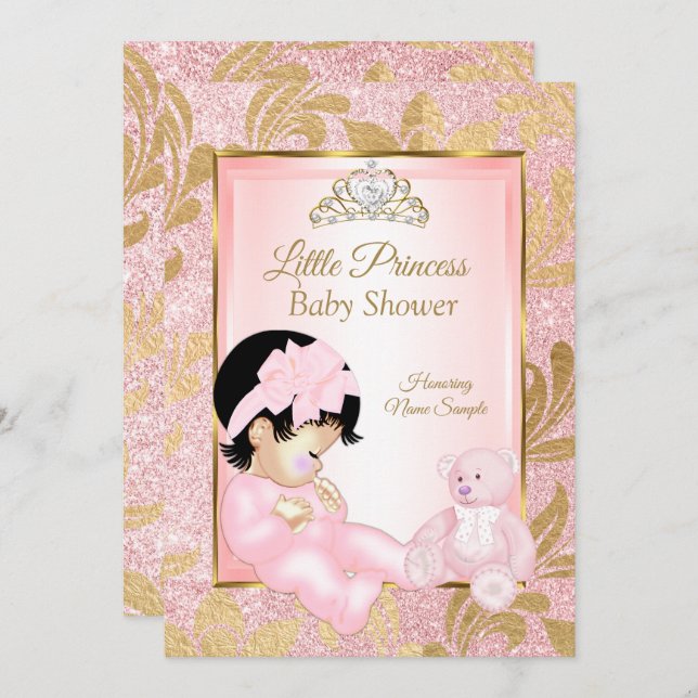 Invitation Ours Baby shower or Parties scintillant rose (Devant / Derrière)