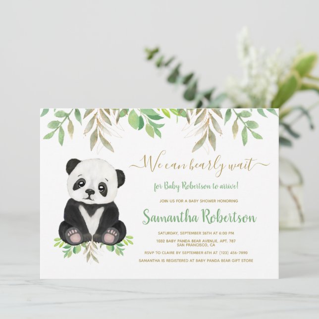 Invitation Ours Baby shower Verdure Aquarelle botanique (Debout devant)