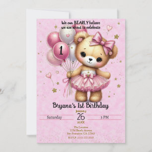 Invitation Ours Ballerine Rose Ballon Pailleté 1er Anniversai