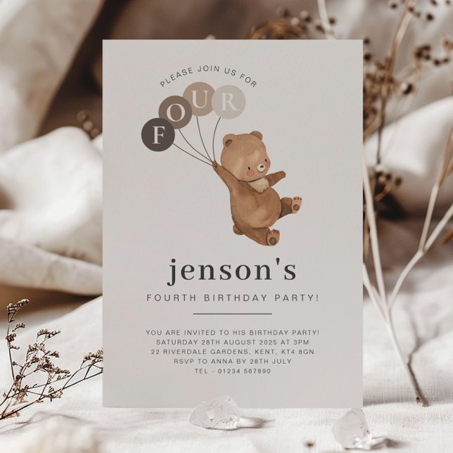 Invitation Ours Ballons Brown 4e anniversaire (Créateur téléchargé)