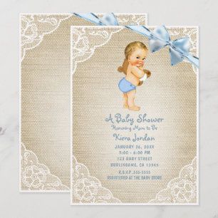 Invitation Ours bébé garçon blanc & noeud bleu Burlap Baby Sh
