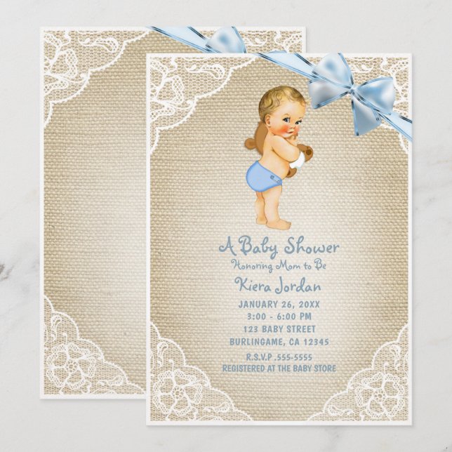 Invitation Ours bébé garçon blanc & noeud bleu Burlap Baby Sh (Devant / Derrière)