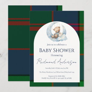 Invitation Ours bleu et vert classique à carreaux pour la bab