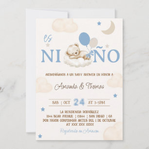 Invitation Ours Bleu Garçon Baby Shower Espagnol