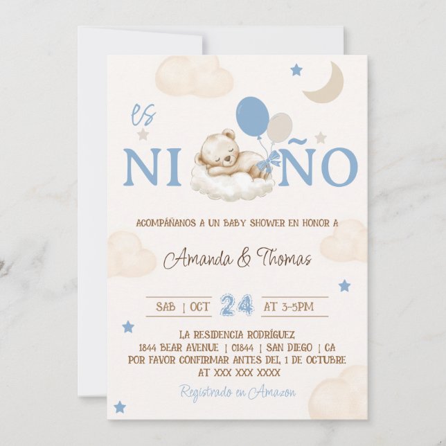 Invitation Ours Bleu Garçon Baby Shower Espagnol (Devant)