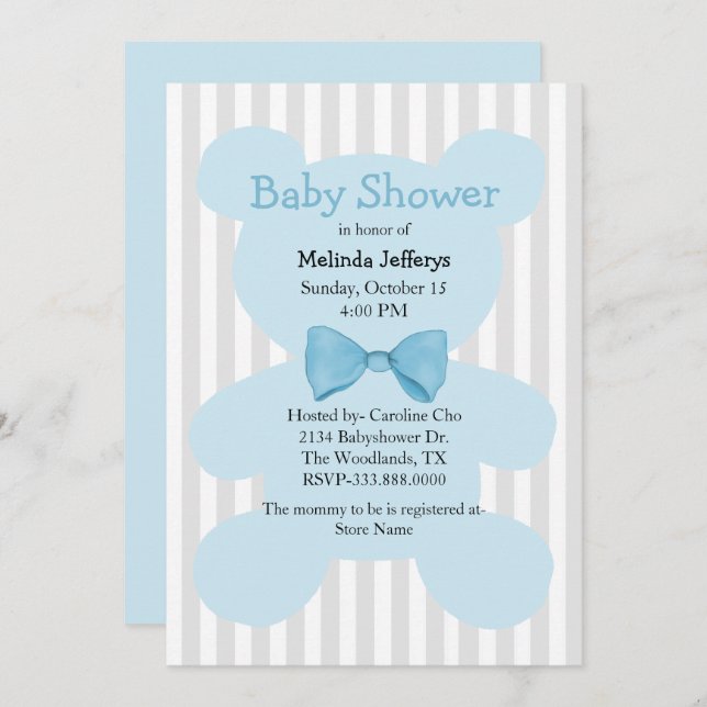 Invitation Ours bleu Teddy avec Baby shower Cravate Bow (Devant / Derrière)