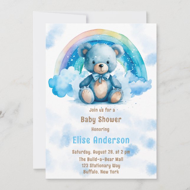 Invitation Ours bleu Teddy mignon avec Baby shower Rainbow Bo (Devant)