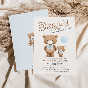 Invitation Ours Bleu Teddy On Peut Attendre Baby shower Garço
