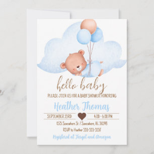 Invitation Ours Brown dormant et Baby shower nuageux