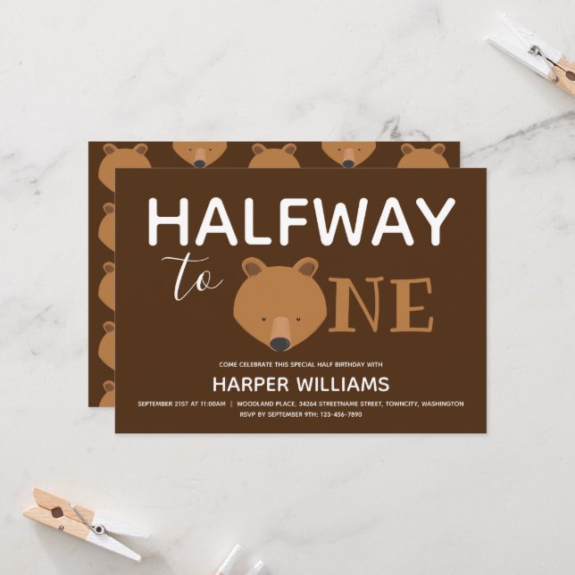 Invitation Ours Brown Six Mois Bébé Demi-Anniversaire (Devant/Arrière en situation)