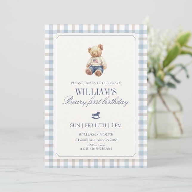 Invitation Ours Brun Anniversaire Garçon Ourson Vichy (Debout devant)