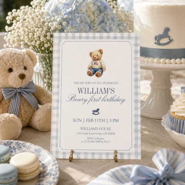 Invitation Ours Brun Anniversaire Garçon Ourson Vichy (Créateur téléchargé)