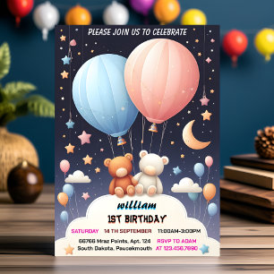 Invitation Ours commun à ciel Hot Air Balloon Twins 1er anniv