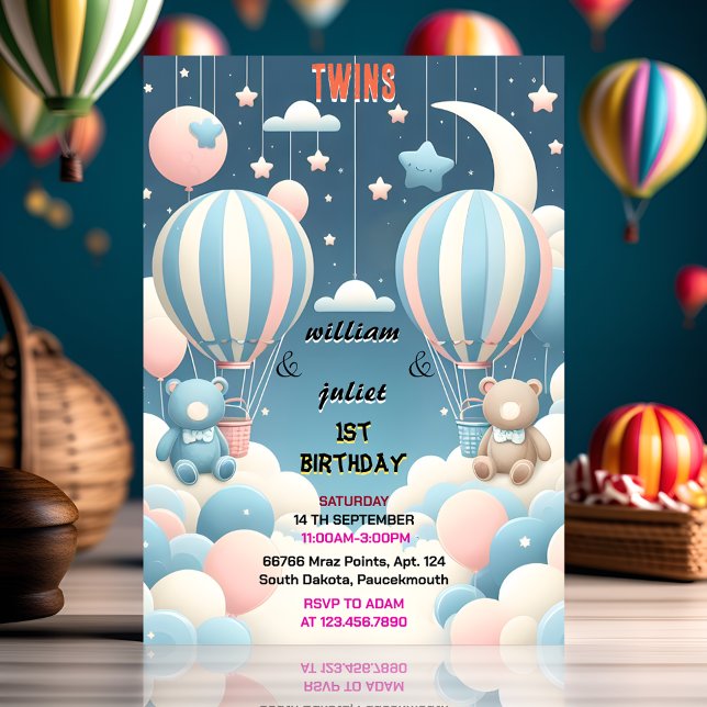 Invitation ours commun Hot Air Balloon Twins 1er anniversaire (Créateur téléchargé)