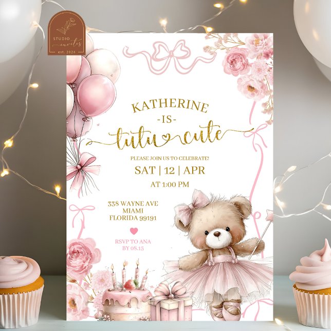 Invitation Ours Coquette Ruban Rose Tutu Anniversaire Mignon (Créateur téléchargé)