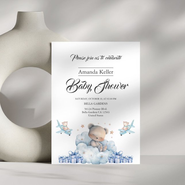 Invitation Ours couché et Baby shower bleu nuage (Créateur téléchargé)