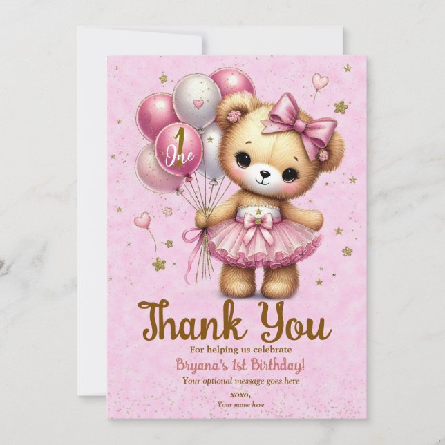 Invitation Ours de ballerine rose ballon de glitter Merci (Devant)