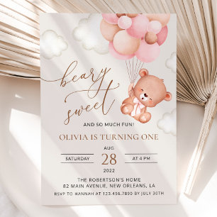 Invitation Ours De Bébé, Ballons Roses, Premier Anniversaire