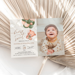 Invitation Ours de bébé, Ballons verts, Premier anniversaire