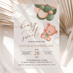 Invitation Ours de bébé, Ballons verts, Premier anniversaire